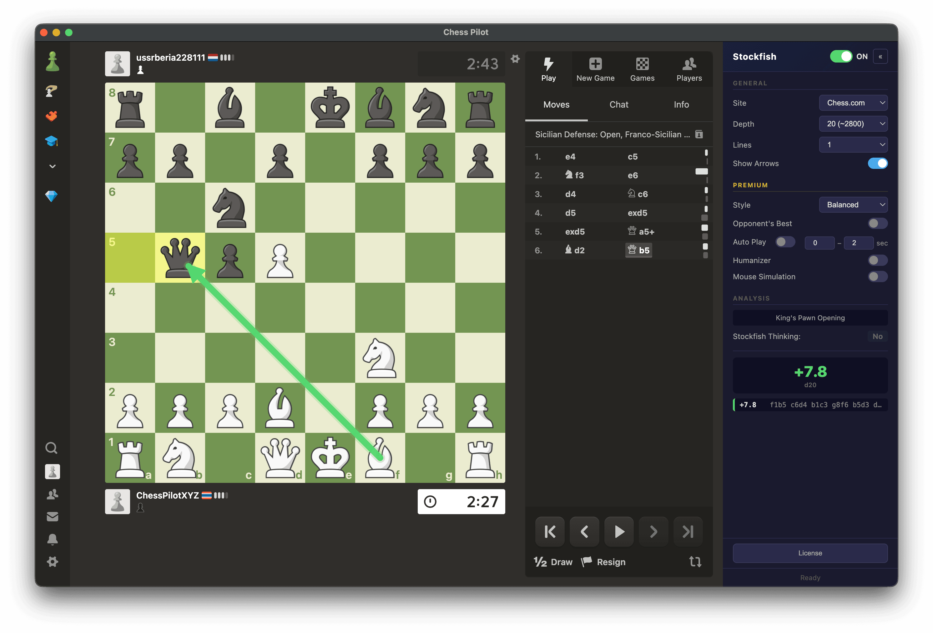 ChessPilot desktop app showing Chess.com game analysis with Stockfish engine